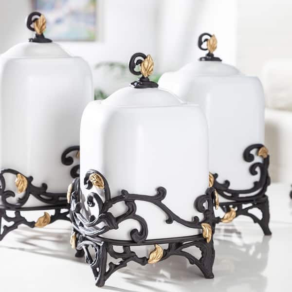 14.25" White and Black Round Canister with Gold Leaf Metal Base Bed